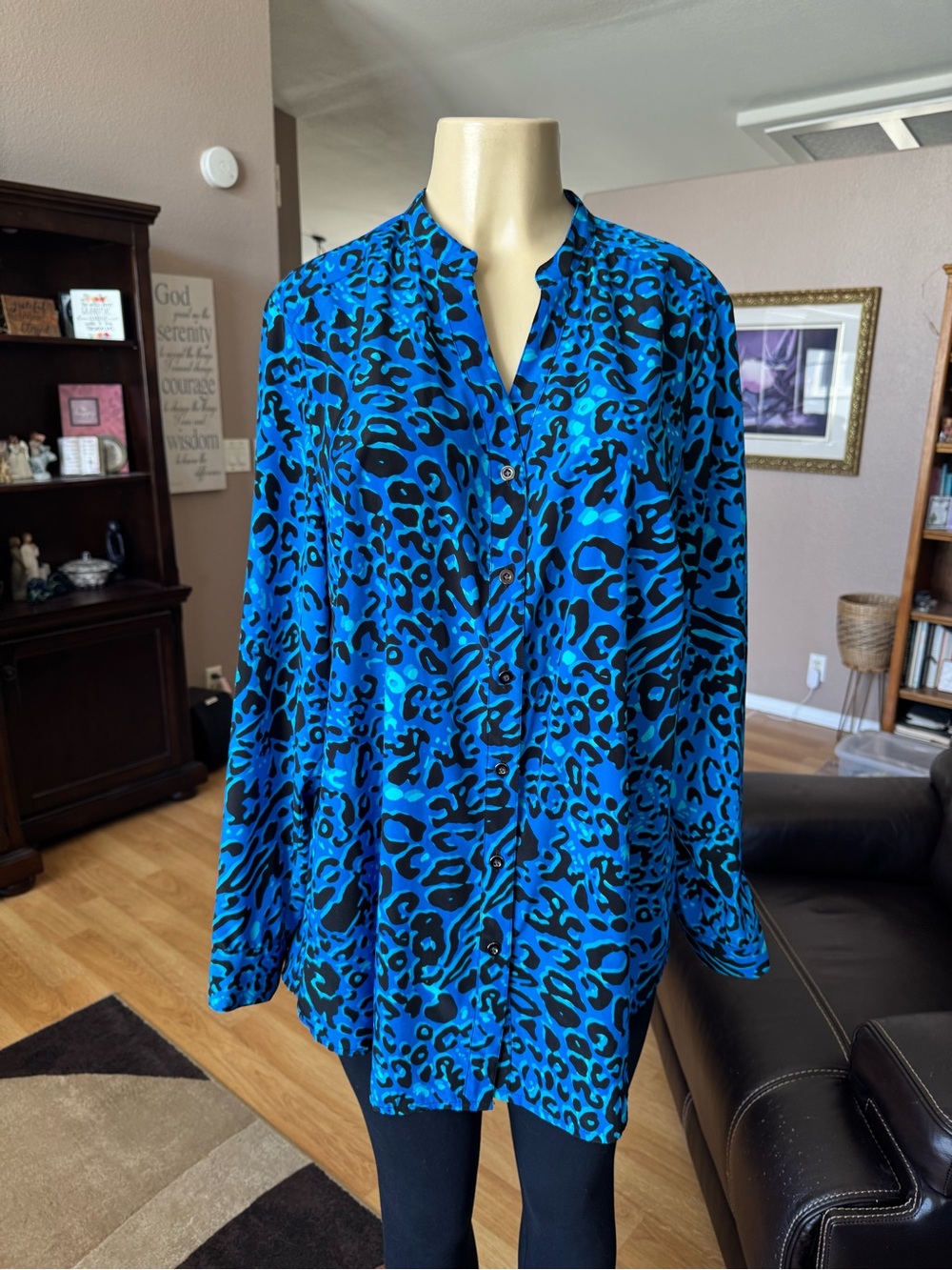 Style & Co blue & black long roll tab sleeves blouse-size XL